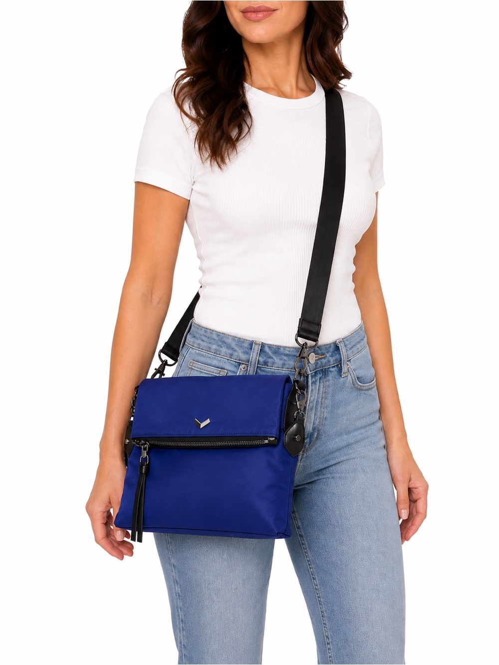 NEW - Botkier Cobalt Blue Nylon Crossbody Bag Chrome Accents & Adjustable Strap - Picture 1 of 6